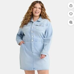 Terra & Sky Women's Plus Size Mini Utility Dress, Size 2X Light Wash Denim NWT